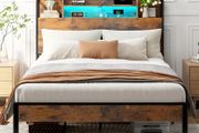 4ft6 Double Bed Frame with Storage Wooden Headboard, LED Light &amp; Charging Station, Platform Metal Bed Frame Double with Underbed Storage, Strong Metal Slat Support