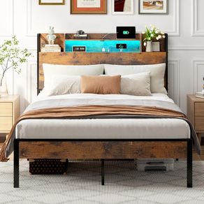 4ft6 Double Bed Frame with Storage Wooden Headboard, LED Light & Charging Station, Platform Metal Bed Frame Double with Underbed Storage, Strong Metal Slat Support