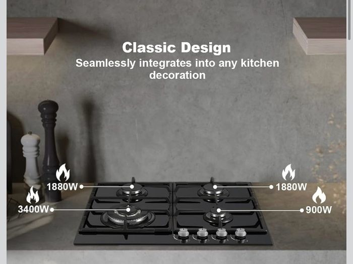 Gas Hob 4 Burners, 60cm Black Glass Gas Cooker Hob, 8060W Wok Burner, Built-in Cooktop with Flame Failure Protection, NG/LPG Convertible