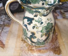 Beautiful Old Mason Jug, England, Chartreuse pattern, teal, green and gilt floral chinoiserie decoration shaped rim and scroll handle mid 20th century