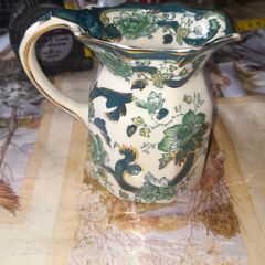 Beautiful Old Mason Jug, England, Chartreuse pattern, teal, green and gilt floral chinoiserie decoration shaped rim and scroll handle mid 20th century