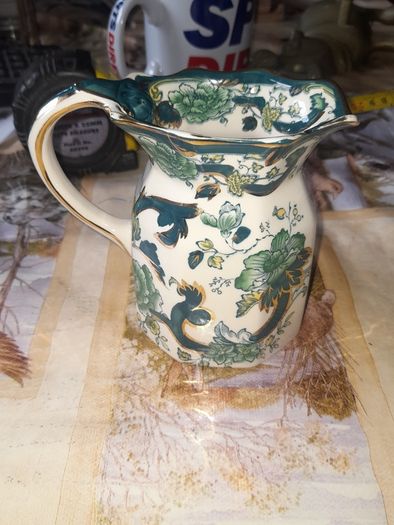 Beautiful Old Mason Jug, England, Chartreuse pattern, teal, green and gilt floral chinoiserie decoration shaped rim and scroll handle mid 20th century
