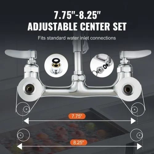 Faucet with Pre-Rinse Sprayer, 36" (91.4 cm) Height, 8" (20.3 cm) Center, 12" (30.5 cm) Swing Spout, Wall Mount Kitchen Sink Faucet, Brass Constructed Device with Pull Down Spray, for 1/2/3 Compartment Sink