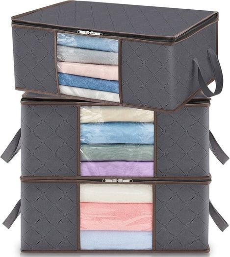 35L Clothes Storage Bag Foldable Storage Boxes with Lids Underbed Wardrobe Storage Organiser with Sturdy Fabric Clear Window for Clothing Bedding Sweaters T-shirts Blankets, 3 Pack, Grey