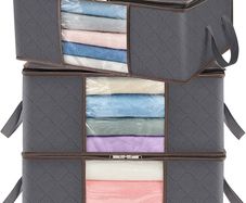 35L Clothes Storage Bag Foldable Storage Boxes with Lids Underbed Wardrobe Storage Organiser with Sturdy Fabric Clear Window for Clothing Bedding Sweaters T-shirts Blankets, 3 Pack, Grey