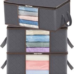 35L Clothes Storage Bag Foldable Storage Boxes with Lids Underbed Wardrobe Storage Organiser with Sturdy Fabric Clear Window for Clothing Bedding Sweaters T-shirts Blankets, 3 Pack, Grey