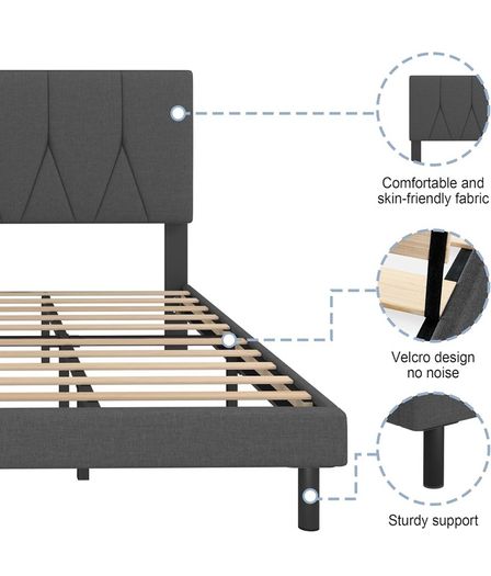 Double Bed Frame, Dark Grey, Upholstered