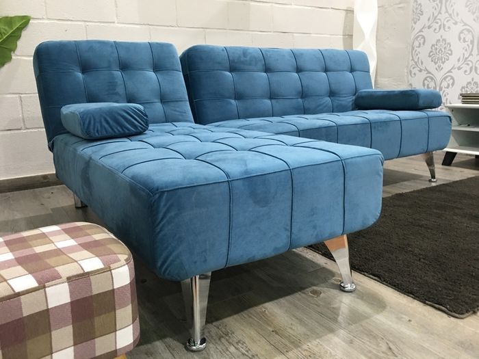 Blue L Shaped Sofa Bed, Converts to Sleeper