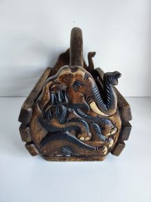 Vintage wooden box magazine holder Elephants relievo sculpture animals