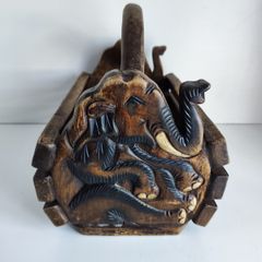 Vintage wooden box magazine holder Elephants relievo sculpture animals