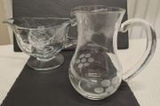 Cut glass gravy boat jug and spoon