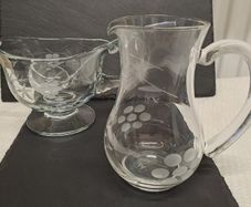 Cut glass gravy boat jug and spoon