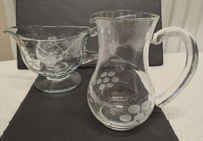 Cut glass gravy boat jug and spoon