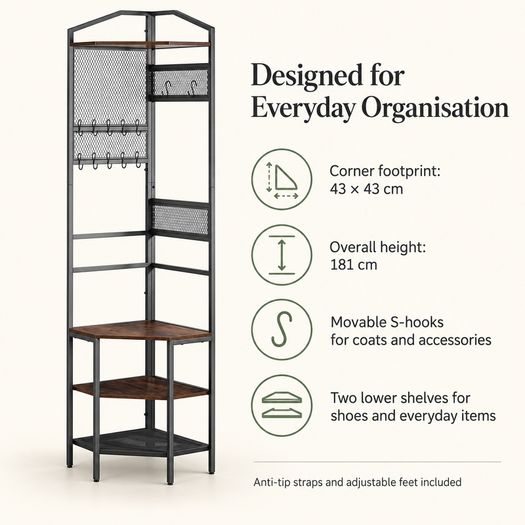 Corner Coat Rack with Shoe Storage and Shelves  Black Metal