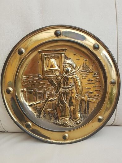 Pair of Vintage Brass Circular Embossed Plate Plaques