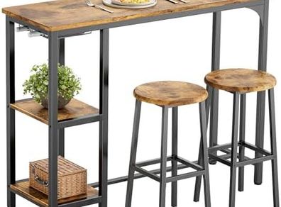 Bar Table Set with 2 Shelves and Glass Holder