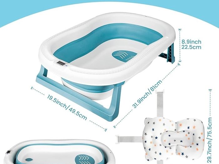 Large Foldable Baby Bathtub Baby Bath Tub with Cushion Pad, Non-Slip Support Leg, Collapsible Tub for Toddler Baby Kids Bathing - Childrens Travel Shower Bath Tubs | Shampoo Cup