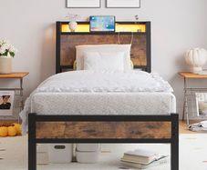 3ft Single Bed Frame with Charging Station and LED Lights, Wood