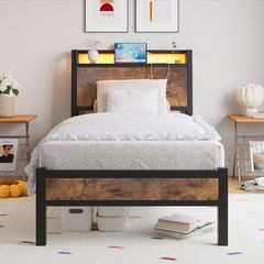 3ft Single Bed Frame with Charging Station and LED Lights, Wood