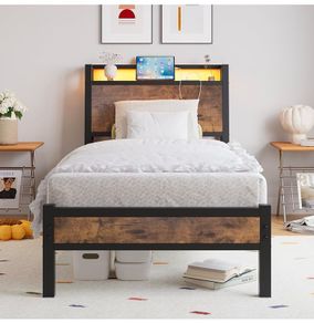3ft Single Bed Frame with Charging Station and LED Lights, Wood