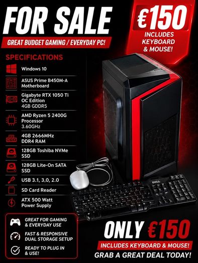 Asus Gaming PC GTX 1050 Ti OC 4GB with keyboard mouse and 2 gamepads