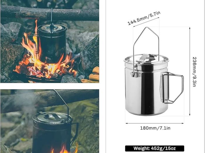 Camping Pot Stainless Steel Camping Hanging Cup with Steamer Basket | 1.2L Campfire Coffee Mug with Foldable Handle for Outdoor Cooking