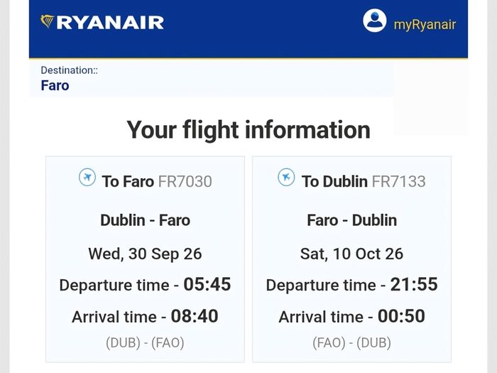 Ryanair   Dublin - Faro Portugal