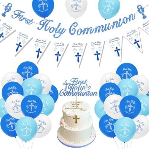 Holy Communion Decorations, First Communion Decorations Confirmation Decor,Blue Banner Pennant Bunting,Balloons,Cake Topper for Boys Christening Gifts