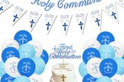 Holy Communion Decorations, First Communion Decorations Confirmation Decor,Blue Banner Pennant Bunting,Balloons,Cake Topper for Boys Christening Gifts