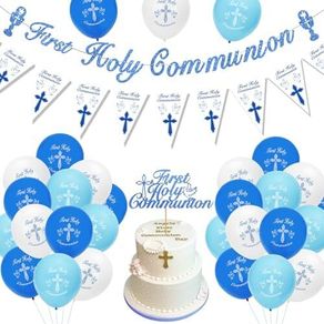 Holy Communion Decorations, First Communion Decorations Confirmation Decor,Blue Banner Pennant Bunting,Balloons,Cake Topper for Boys Christening Gifts