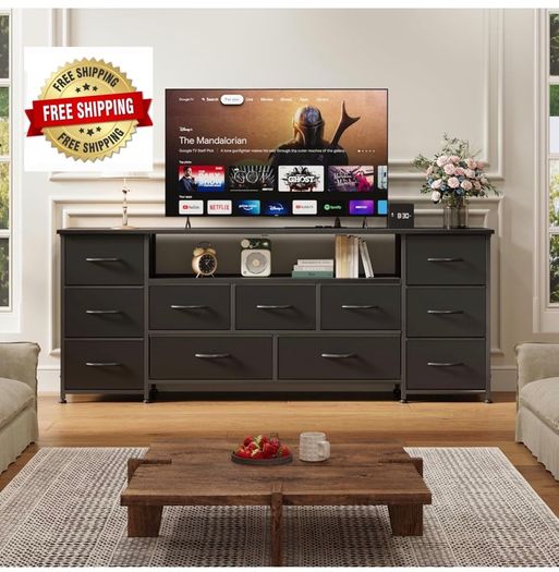 Tv Cabinet, Dresser for Bedroom with 11 Fabric Drawers, TV Stand with Power Socket for TVs up to 70 inchTV Units for Living Room, Bedroom, Black