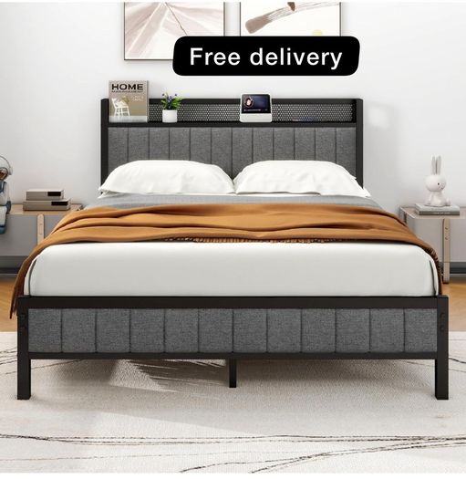 King Size Bed Frame with Storage and Headboard Shelf