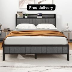 King Size Bed Frame with Storage and Headboard Shelf