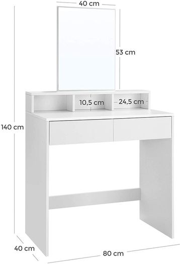 _Dressing Table with Rectangular Mirror and 2 Drawers, Cosmetic Table with 3 Open Compartments, Dressing Table for Make-up, Modern, White