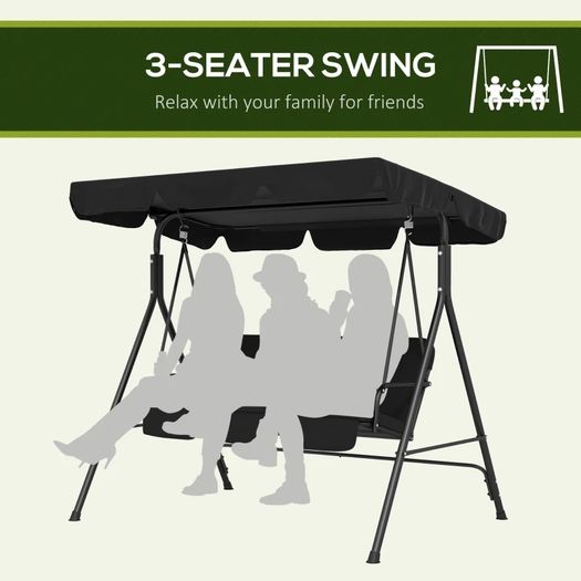 Three-Seater Garden Swing Chair, with Adjustable Canopy - Black