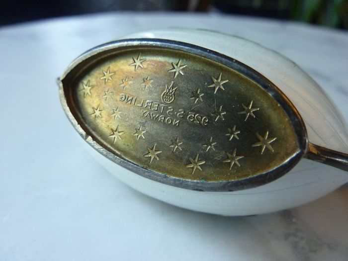 Theodor Olsens Eftf Norway Sterling Enamel Viking Ship Salt Cellar with NM Thune Enamelled Silver Spoon