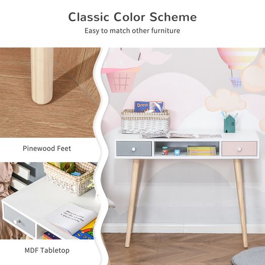 Kids Wooden Study Table Writing Desk with Drawer Ergonomic 39 x 19 x 30 White and Pink
