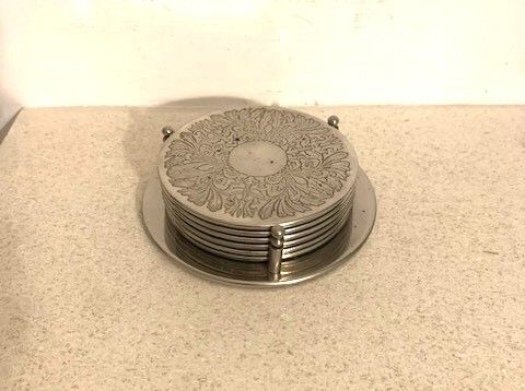 Vintage Silver Plated Coasters + Holder