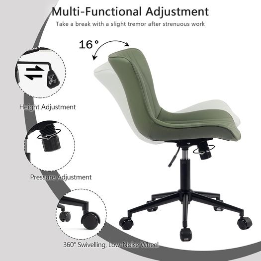Office Chair Adjustable, Ergonomic Desk Chair Armless PU Leather Swivel Chairs with Wheels for Home Office Computer, Modern, Olive Green