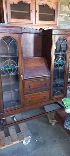 Antique English made By Harrison and Gibson Ilford very rare piece Bureau / Display case with original stained glass with brass fittings and locks. Circa 1930s beautiful