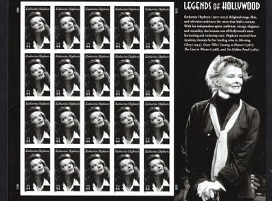 2010 USA Legends of Hollywood Katharine Hepburn Commemorative Stamp Sheet of 20 Plate BII Mint Never Hinged (MNH)