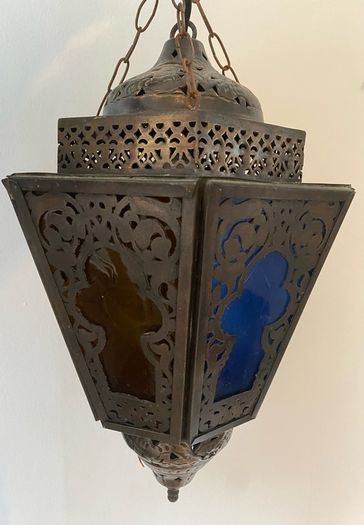 Large Vintage Moroccan Coloured Glass Hanging Lantern