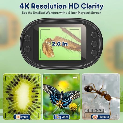 1000X Handheld Digital Microscope for Kids - 4K 2.0" Screen, Rechargeable Mini Labster Portable Pocket Scope, Includes Slides Kit - Science Gadget Edu Gift for Children Ages 4-12 (Grey)