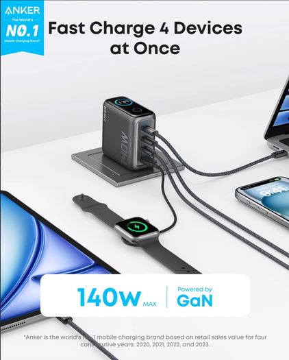 NEW Anker 140W 4-Port Charger PD 3.1 - Smart Screen - EU Plug