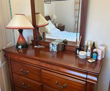 Sleigh bed with mattress, bedside unit and drawer/mirror
