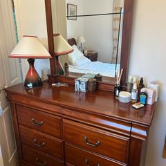 Sleigh King size bed with mattress, bedside unit and drawer/mirror
