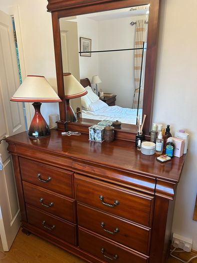 Sleigh bed with mattress, bedside unit and drawer/mirror