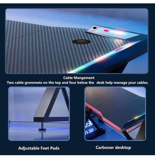 120 x 55 cm Gaming Desk with LED Lights, Gaming Table Thickened Z Shaped, Gamer Desk with Carbon Fiber Coated, Gaming PC Desk, Computer Desk Easy to Assemble, Carbon Fiber Black