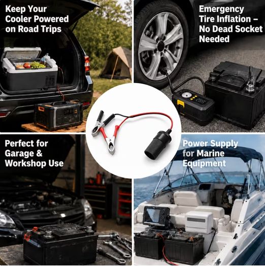 12V Battery for alligator Clips to Cigarette Lighter Socket Adapter Cable, Emergency Direct Power Cord for Car Tire Inflator, Cooler, Vacuum, Universal for All 12V Vehicles,