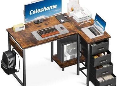 Vintage Corner Desk, 100 x 70 cm, L Shape Desk with 4 Drawers, Reversible Computer Desk